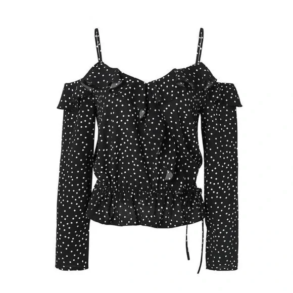 Cold Shoulder Ruffled Spaghetti Strap Dots Print Blouse - Picture 4 of 7